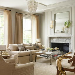 Create an image of a room with transitional style interior design, blending traditional and contemporary aspects, with muted, neutral color palette, elegant furniture and sophisticated decor elements.