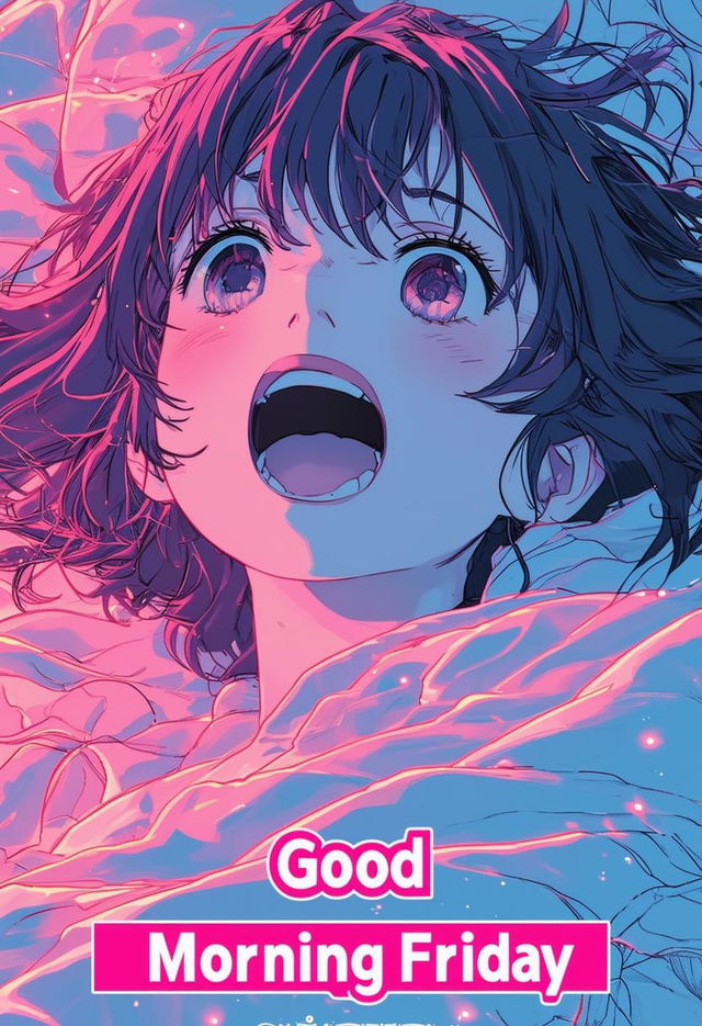 A book cover for 'Good Morning Friday', featuring an anime girl waking up yawning, with an intricate anime art background and the title in neon text