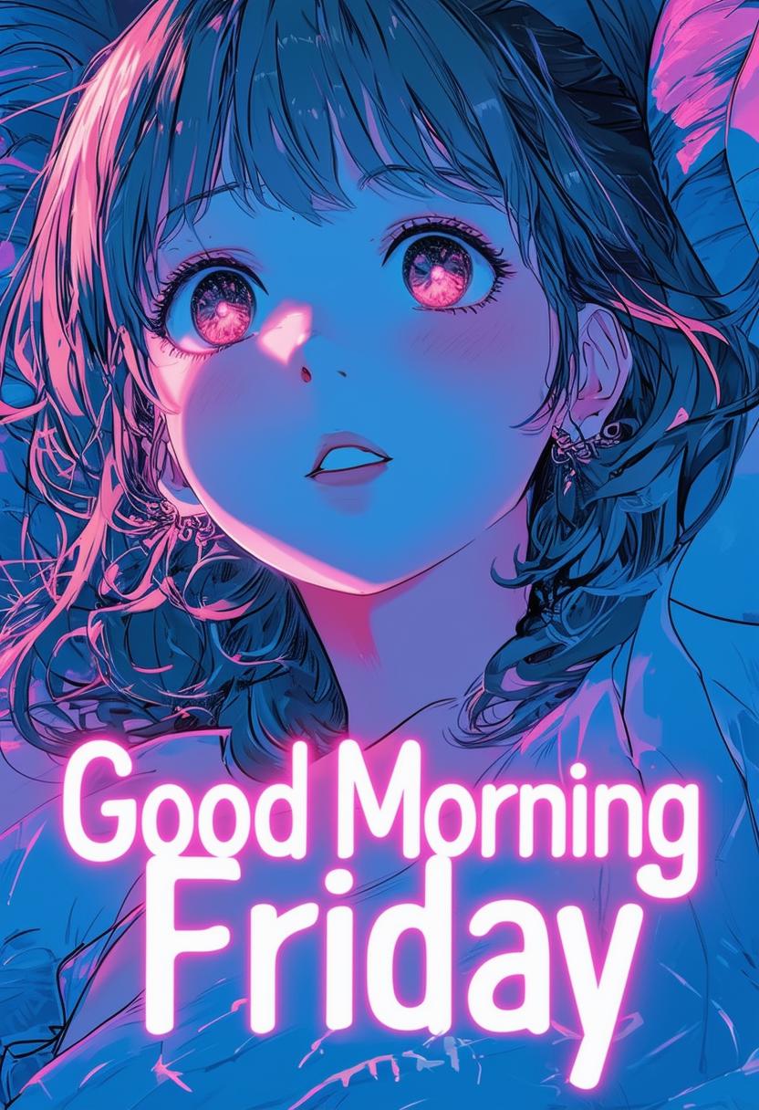 A book cover for 'Good Morning Friday', featuring an anime girl waking up in the style of Studio Ghibli, with an intricate anime art background and the title in neon text