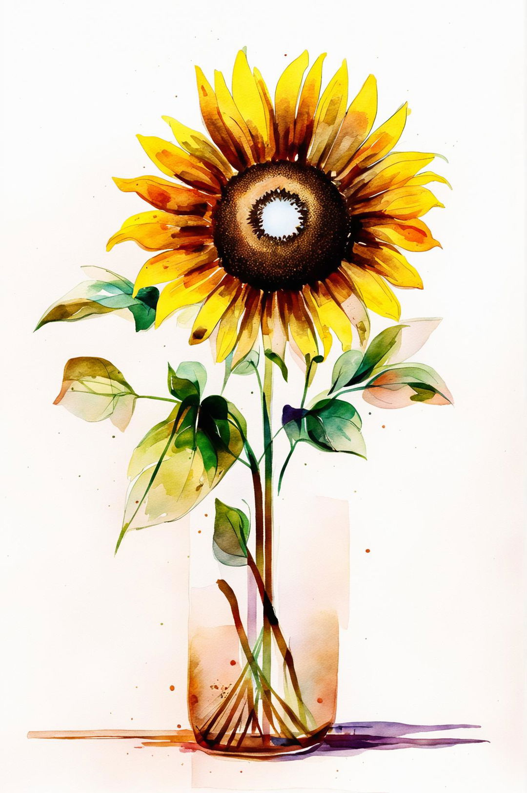 A distinct watercolour painting of a sunflower in a vase, with a background of soft pastel hues, creating a peaceful and uplifting mood