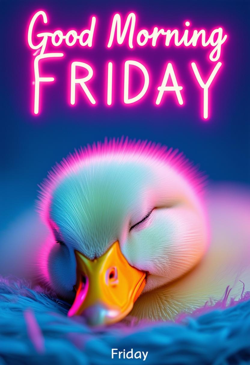 A book cover for 'Good Morning Friday', featuring a sleeping duckling, with the title in neon text.