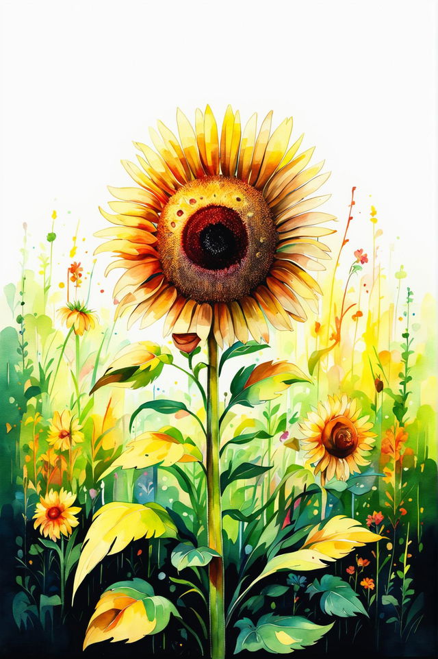 A striking watercolour painting of a sunflower in a field, with a backdrop of a clear blue sky, conveying a sense of tranquility and freedom