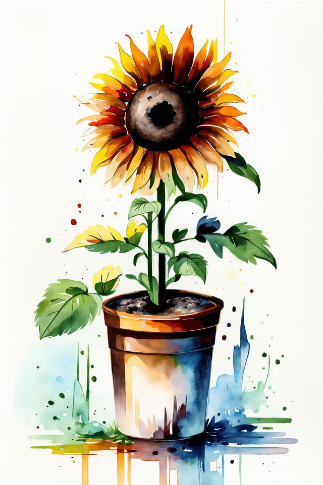 A unique watercolour painting of a sunflower in a pot, set against a soft background of blues and greens, conveying a sense of serene joy