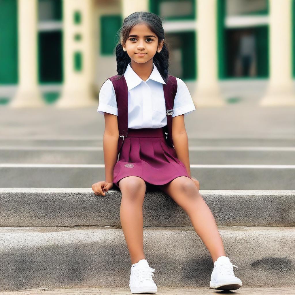 A school girl in a tasteful and stylish outfit that hints at her youthful charm and vivaciousness