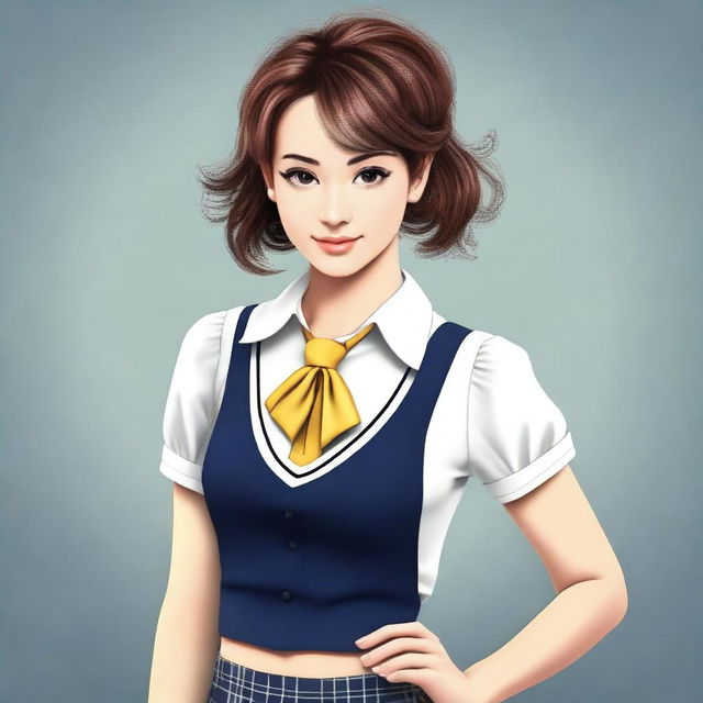 A confident and stylish woman in a school girl outfit