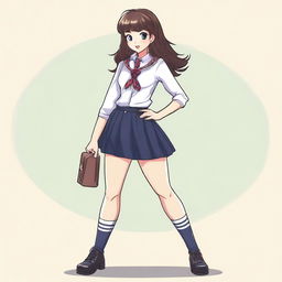 A confident and stylish woman in a school girl outfit