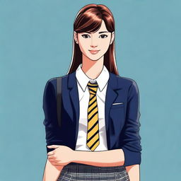 A confident and stylish woman in a school girl outfit