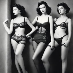 Fashionable women in elegant nylons and tasteful lingerie, posed in a way that exudes confidence and sophistication