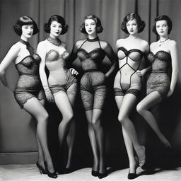 Fashionable women in elegant nylons and tasteful lingerie, posed in a way that exudes confidence and sophistication