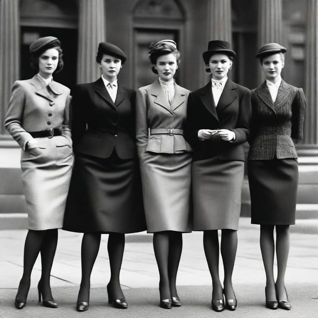 Fashionable women in elegant school-themed outfits and nylons, posed in a way that exudes confidence and sophistication