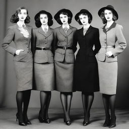 Fashionable women in elegant school-themed outfits and nylons, posed in a way that exudes confidence and sophistication