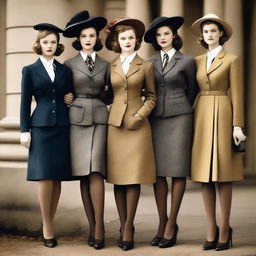 Fashionable women in elegant school-themed outfits and nylons, posed in a way that exudes confidence and sophistication