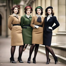 Fashionable women in elegant school-themed outfits and nylons, posed in a way that exudes confidence and sophistication