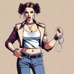 A young woman in a stylish outfit, with handcuffs playfully hanging from her wrist