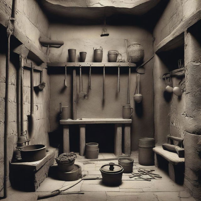 A historic image of a medieval dungeon with various tools and devices used for restraint and imprisonment