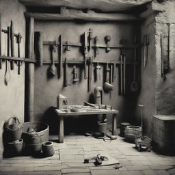 A historic image of a medieval dungeon with various tools and devices used for restraint and imprisonment