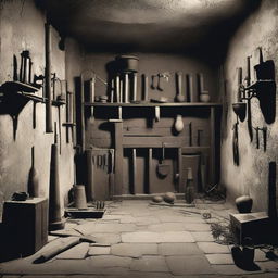 A historic image of a medieval dungeon with various tools and devices used for restraint and imprisonment