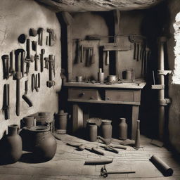 A historic image of a medieval dungeon with various tools and devices used for restraint and imprisonment