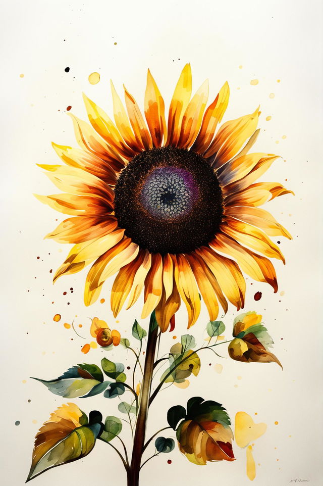 A distinct watercolour painting showcasing an intense close-up view of a sunflower, focusing on the intricate details of its petals and center, creating a sense of warmth and joy