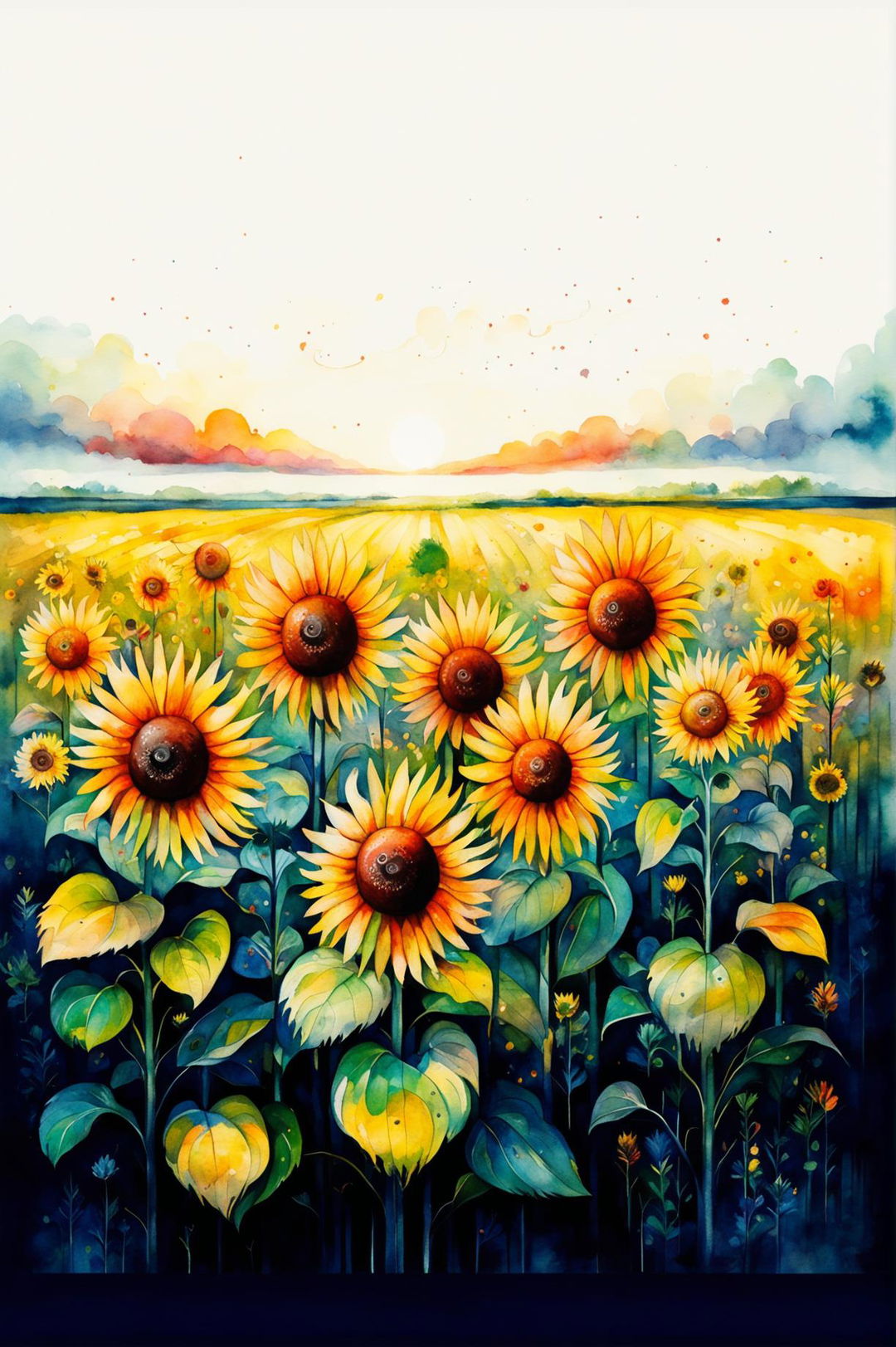 A unique watercolour painting of a vast field filled with blooming sunflowers, under a clear or sunset sky, evoking feelings of tranquility and awe