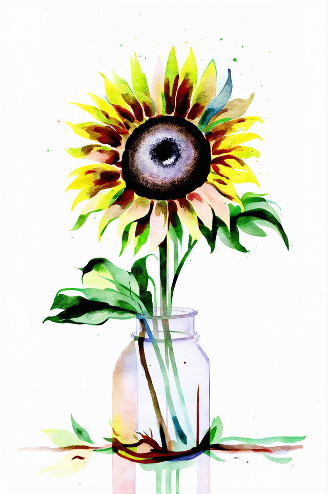 A unique watercolour painting of a sunflower in a vase, set against a soft pastel background, conveying a sense of peace and upliftment