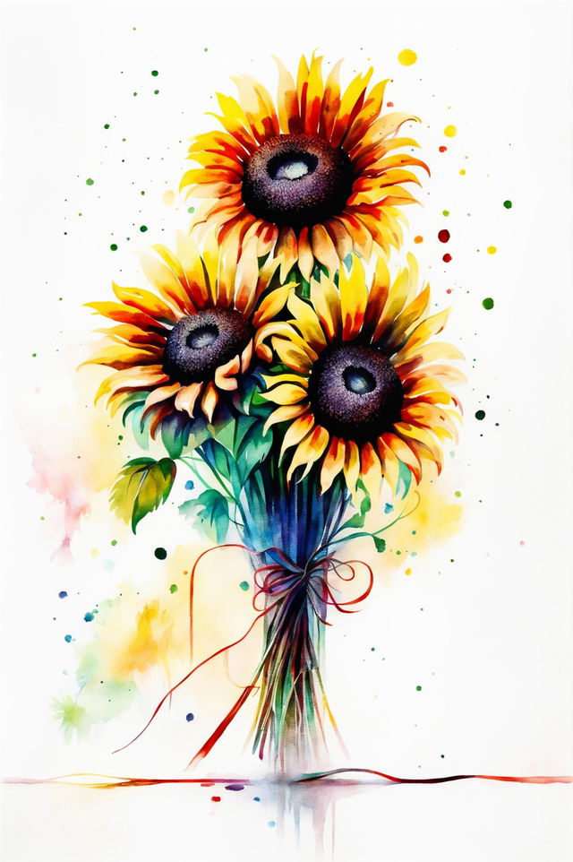 A stunning watercolour painting of a bouquet of sunflowers, set against a soft pastel background, conveying a sense of cheerfulness and upliftment