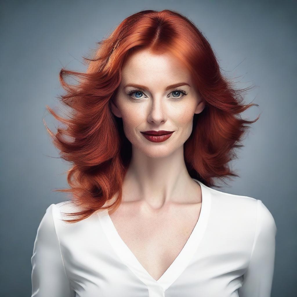 Create an image of a slim, elegant woman with red hair