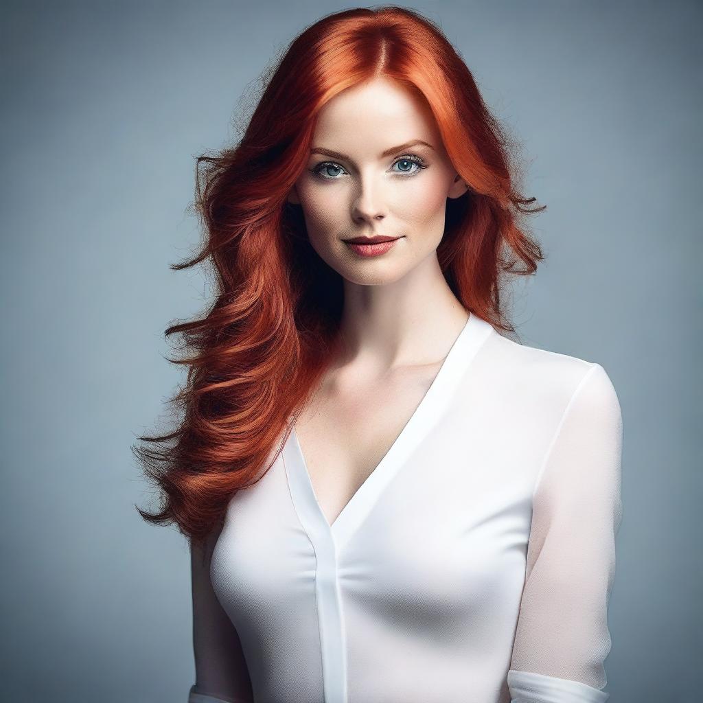 Create an image of a slim, elegant woman with red hair