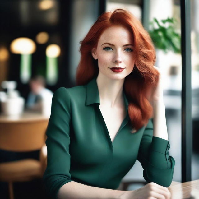 Create an image of a slim, elegant woman with red hair