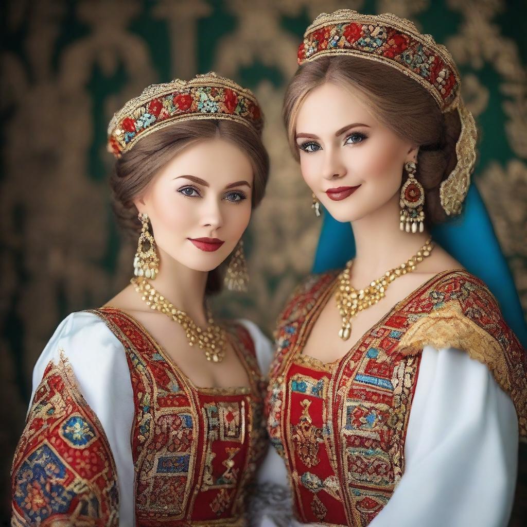 Generate high quality images of beautiful Russian women in traditional clothing, showcasing the rich culture and heritage of Russia