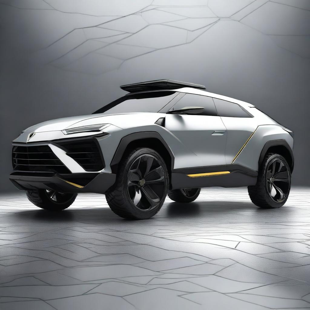 Create a high-definition digital rendering of a futuristic SUV that creatively combines design elements from the Lamborghini Urus and the Cybertruck