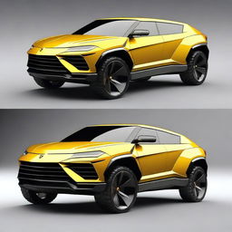 Create a high-definition digital rendering of a futuristic SUV that creatively combines design elements from the Lamborghini Urus and the Cybertruck