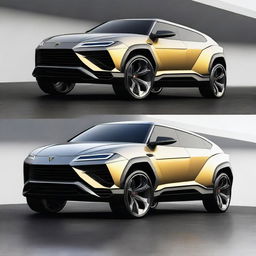 Create a high-definition digital rendering of a futuristic SUV that creatively combines design elements from the Lamborghini Urus and the Cybertruck