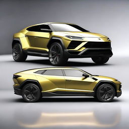 Create a high-definition digital rendering of a futuristic SUV that creatively combines design elements from the Lamborghini Urus and the Cybertruck