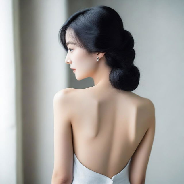 A 22-year-old Asian woman with black hair showing her back while maintaining modesty and elegance