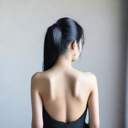 A 22-year-old Asian woman with black hair showing her back while maintaining modesty and elegance