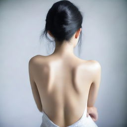 A 22-year-old Asian woman with black hair showing her back while maintaining modesty and elegance