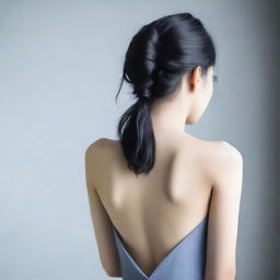 A 22-year-old Asian woman with black hair showing her back while maintaining modesty and elegance