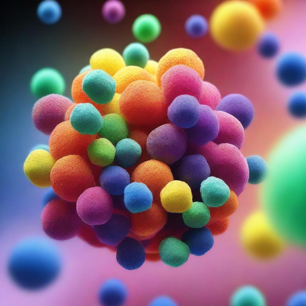 Create an image of porous spherical particles surrounded by multicolored copolymers exposed to light, set against a background that depicts a chemical nature