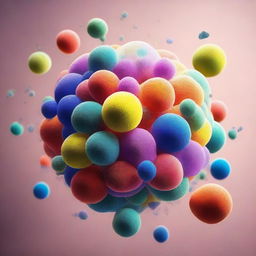 Create an image of porous spherical particles surrounded by multicolored copolymers exposed to light, set against a background that depicts a chemical nature