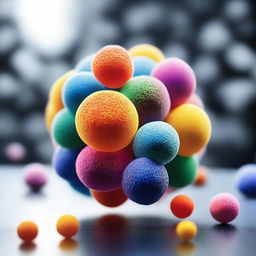 Create an image of porous spherical particles surrounded by multicolored copolymers exposed to light, set against a background that depicts a chemical nature