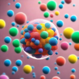 Create an image of porous spherical particles surrounded by multicolored copolymers exposed to light, set against a background that depicts a chemical nature