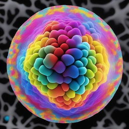 Generate a high-resolution, vibrant image of a microporous spherical particle, similar to a zeolite, surrounded by transparent multicolored copolymers