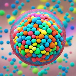 Generate a high-resolution, vibrant image of a microporous spherical particle, similar to a zeolite, surrounded by transparent multicolored copolymers