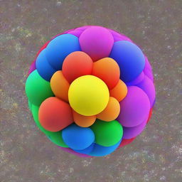 Generate a high-resolution, vibrant image of a microporous spherical particle, similar to a zeolite, surrounded by transparent multicolored copolymers