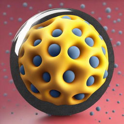 Generate a high-resolution, vibrant image of a microporous spherical particle, similar to a zeolite, surrounded by transparent bicolor copolymers