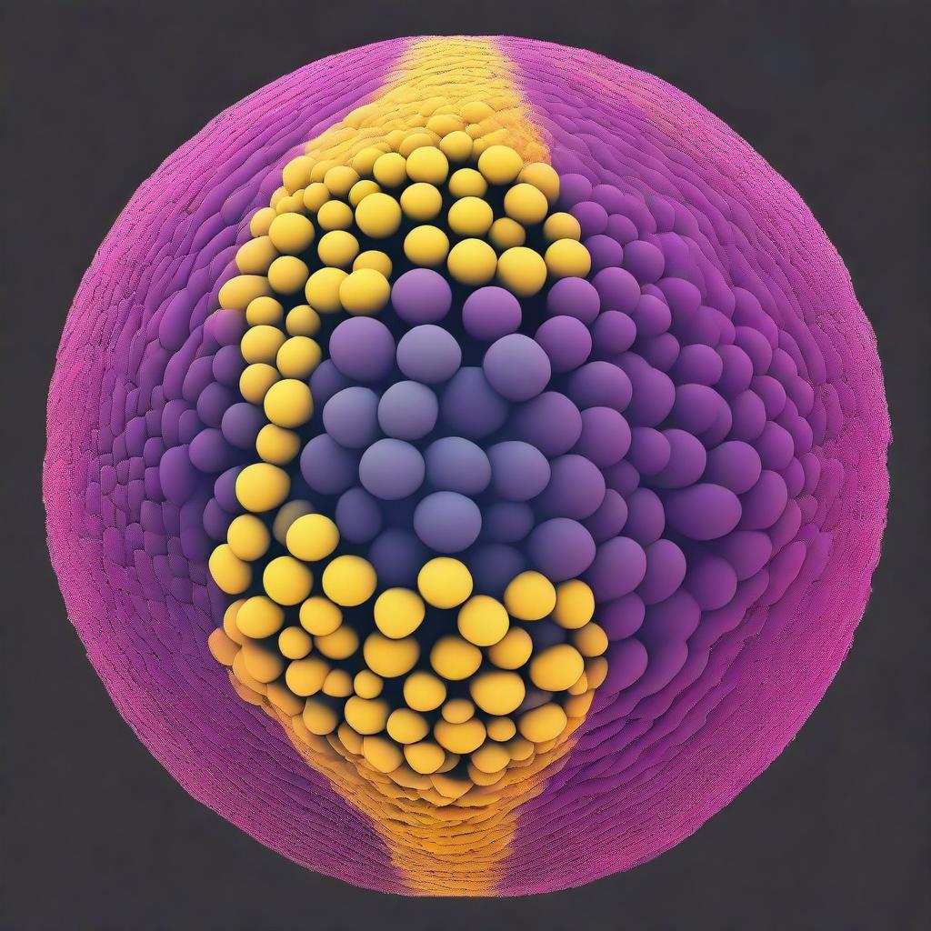 Generate a high-resolution, vibrant image of a microporous spherical particle, similar to a zeolite, surrounded by transparent bicolor copolymers