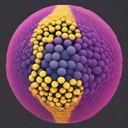 Generate a high-resolution, vibrant image of a microporous spherical particle, similar to a zeolite, surrounded by transparent bicolor copolymers