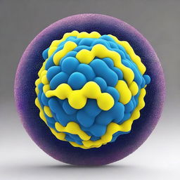 Generate a high-resolution, vibrant image of a microporous spherical particle, similar to a zeolite, surrounded by transparent bicolor copolymers