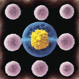 Generate a high-resolution, vibrant image of a microporous spherical particle, similar to a zeolite, surrounded by transparent bicolor copolymers